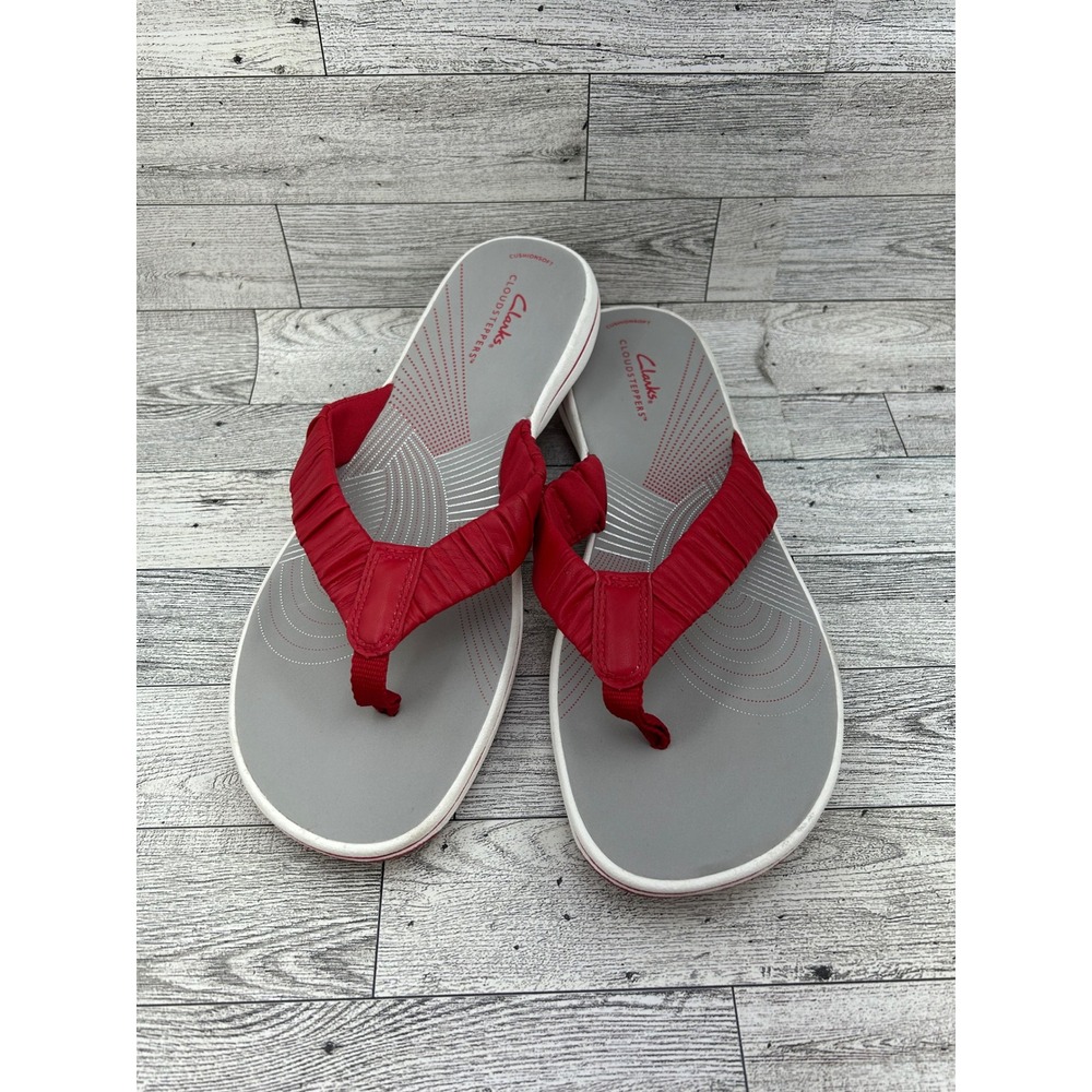Clarks Cloudsteppers Breeze Rae Red Grey Thong Flip Flop Sandals Women Sz 10M
